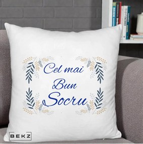 Cadou pentru Socru - Perna Personalizata Cel mai Bun Socru cu Ramuri Frunze Albastre si Aurii, 40x40 cm, Alb Pufos, Husa Detasabila, Perna Inclusa, BEKZ®