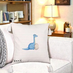Perna Decorativa Brontosaur cu Ou, 40x40 cm, Bej cu Franjuri, Husa Detasabila, Perna Inclusa, BEKZ®