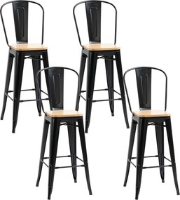 HOMCOM, Set de 4 taburete de bar, stil industrial, cu spătar, suport pentru picioare, înălțime 76 cm, Negru | Aosom Romania