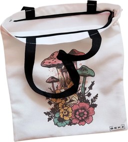 Sacosa de Panza pentru Cumparaturi, Geanta Tote, Colorful Mushrooms, Cu fermoar, 38x34.5 cm, Alba, BEKZ®