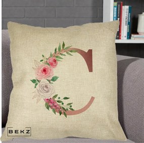 Cadou Personalizat - Perna Personalizata Monograma Rose Gold Litera C, 40x40 cm, Crem, Husa Detasabila, Perna Inclusa, BEKZ®