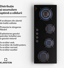 Klarstein Goldflame 4 Slim, plită cu gaz, 4 arzătoare, independentă, gaz natural/propane, oțel inoxidabil