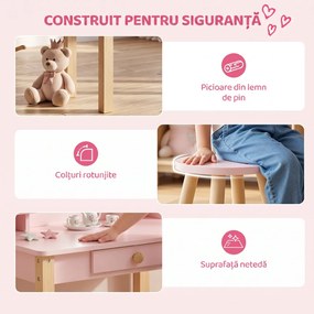 AIYAPLAY Set Masă de Toaletă pentru Fete cu Taburet, Oglindă, Sertar, din Lemn de Pin și MDF, pentru 3-6 Ani, Roz | Aosom Romania