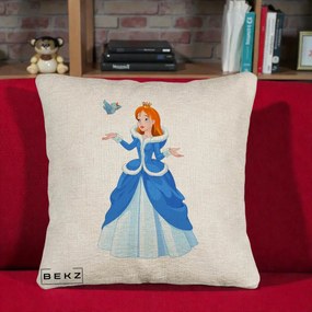 Perna Personalizata Printesa Albastra cu Pasare, 40x40 cm, Bej Canapea, Husa Detasabila, Perna Inclusa, BEKZ®