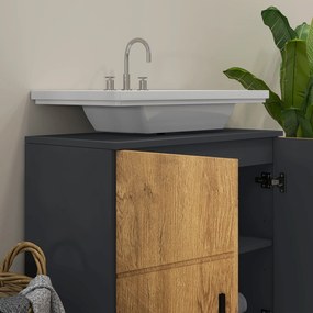 kleankin Mobilier sub vas lavabo mobilier de baie 2 usi cu raft 60 x 30 x 60 cm antracit si aspect lemn | Aosom Romania