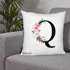 Cadou Personalizat - Perna Personalizata Monograma Florala Litera Q, 40x40 cm, Alb Pufos, Husa Detasabila, Perna Inclusa, BEKZ®