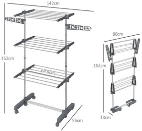 HOMCOM Uscător de Rufe Pliabil Tip Turn cu 6 Roți, Cârlige și 3 Rafturi Reglabile pentru Interior, 142x55x152 cm, Argintiu | Aosom Romania