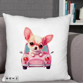 Perna Decorativa Chihuahua Roz in Masinuta, 40x40 cm, Alb Pufos, Husa Detasabila, Perna Inclusa, BEKZ®