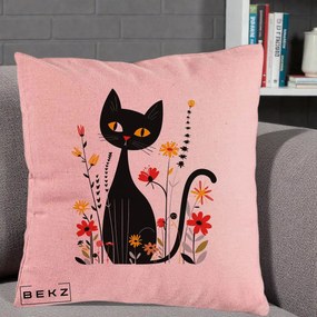 Perna Decorativa Pisica Neagra Ochi Galbeni Flori, 40x40 cm, Roz, Husa Detasabila, Perna Inclusa, BEKZ®