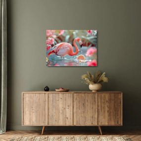 Tablou pe sticlă - Flamingo în iaz (70x50 cm)