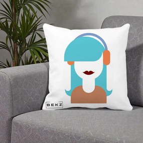 Perna Decorativa Fata cu Casti Muzica Grafic, 40x40 cm, Alba Mata, Husa Detasabila, Perna Inclusa, BEKZ®