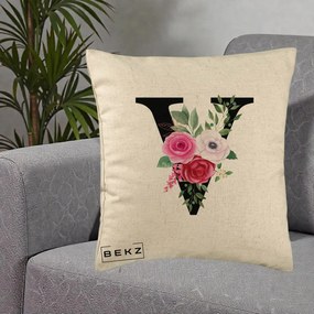 Cadou Personalizat - Perna Personalizata Monograma Florala Litera V cu Buchet, 40x40 cm, Bej, Husa Detasabila, Perna Inclusa, BEKZ®
