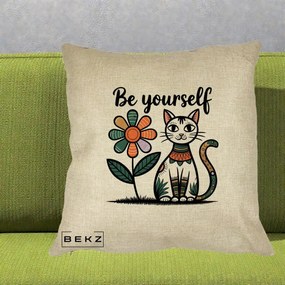 Perna Personalizata Be Yourself Pisica Folk, 40x40 cm, Crem, Husa Detasabila, Perna Inclusa, BEKZ®