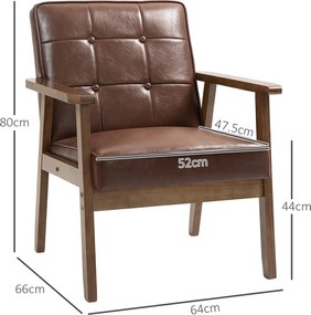 HOMCOM Fotoliu de salon, fotoliu de cameră din piele sintetică, spătar capitonat, picioare din lemn masiv, 64x66x80cm, maro | Aosom Romania