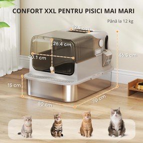 Litieră pentru Pisici PawHut XXL din Oțel Inoxidabil cu Capac Rabatabil la 90° Gri | Aosom Romania