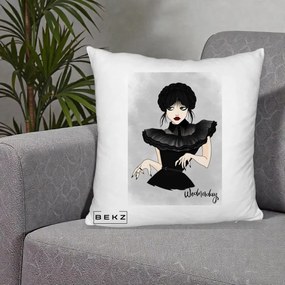Perna Personalizata Wednesday Addams Portret Gotic, 40x40 cm, Alb Pufos, Husa Detasabila, Perna Inclusa, BEKZ®