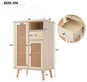 Comodă Modernă în Stil cu 2 Uși din Rattan și 1 Sertar, Spațiu Generos de Depozitare, 60x40x101 cm, pentru Bucătărie sau Living, Culoare naturală