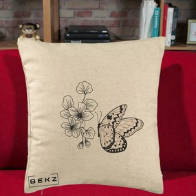 Perna Decorativa Fluture si Flori Linie Monocroma, 40x40 cm, Bej, Husa Detasabila, Perna Inclusa, BEKZ®