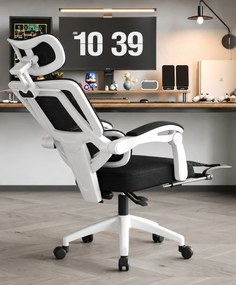 Scaun ergonomic cu suport lombar, tetieră reglabilă 3D, suport pentru picioare, Mesh, Alb/Negru