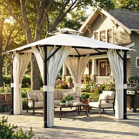 Outsunny Tonnelă de grădină exterior 3x3m pavilion de grădină, acoperiș dublu, draperii, cârlige pentru tavan, cadru metalic, crem | Aosom Romania