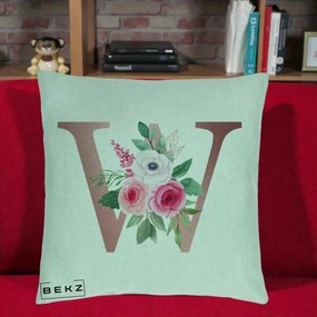 Cadou Personalizat - Perna Personalizata Monograma Rose Gold Litera W cu Trandafiri si Anemona, 40x40 cm, Verde Menta, Husa Detasabila, Perna Inclusa, BEKZ®