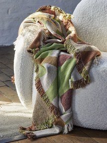 Pătură decorativă din bumbac reciclat, cu model în carouri natur, verde și maro, cu franjuri lungi, „Galvin", 160 x 130 cm