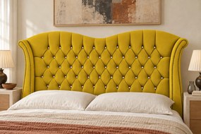 Pat tapițat Chesterfield Avella 160×200 cm, galben muștar, cu ladă de depozitare
