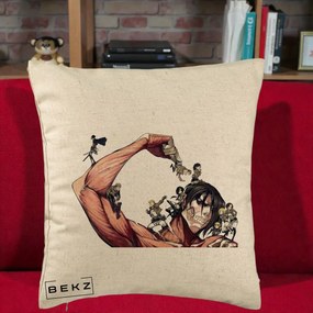 Perna Personalizata Attack on Titan Eren Titan Grup, 40x40 cm, Bej, Husa Detasabila, Perna Inclusa, BEKZ®