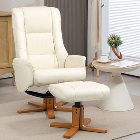 HOMCOM Fotoliu de Relaxare cu Taburet, Funcție de Culcare, Piele Ecologică, până la 150 kg, 71 x 84 x 102 cm, Crem | Aosom Romania