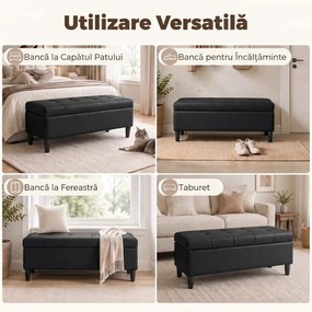 HOMCOM Bancă cu depozitare 136 L, taburet cu ladă 110x41x42 cm, piele ecologică pet-friendly, negru | Aosom Romania