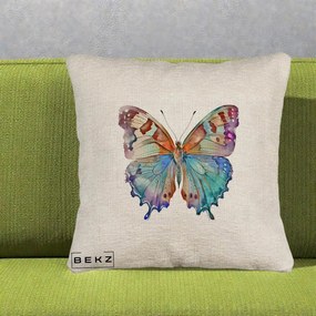 Perna Decorativa Fluture Acuarela Multicolor Portocaliu-Bleu-Mov, 40x40 cm, Bej Canapea, Husa Detasabila, Perna Inclusa, BEKZ®