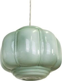 Lampă suspendată din sticlă opal verde și metal, abajur rotunjit în relief, detalii din alamă, finisaj lucios, 26 x 27 cm, „Vincent”
