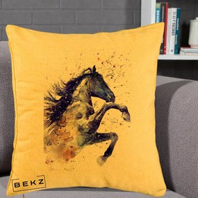 Perna Decorativa Cal Albastru Acuarela, 40x40 cm, Galben, Husa Detasabila, Perna Inclusa, BEKZ®