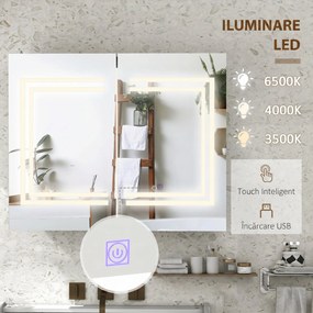 kleankin Oglindă Baie cu Dulap și LED, 80 x 65cm, Ușă Soft Close, Reglabilă pe 3 Culori, Rafturi Ajustabile, Alb Lucios | Aosom Romania