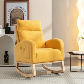 Scaun balansoar modern din material Teddy, cu șezut căptușit și buzunar lateral ascuns, pentru living și dormitor, 71x88x104,5 cm, Galben