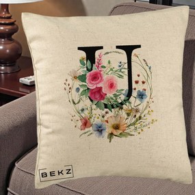 Cadou Personalizat - Perna Personalizata Monogram Litera U cu Flori Acuarela, 40x40 cm, Bej, Husa Detasabila, Perna Inclusa, BEKZ®