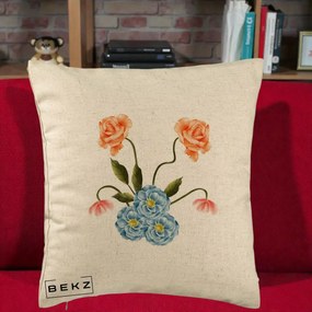 Perna Decorativa Trandafiri si Bujori Acuarela, 40x40 cm, Bej, Husa Detasabila, Perna Inclusa, BEKZ®