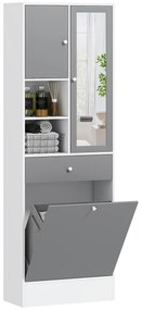 HOMCOM Mobila de baie cu cos de rufe si oglinda raft ajustabil 62 x 28,3 x 181 cm gri si alb | Aosom Romania