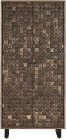 Dulap din lemn de tec reciclat, înalt și îngust, natur, cu 2 uși placate cu fibră de cocos, 10 rafturi și picioare din metal, 200 x 80 x 40 cm, „Fumo”