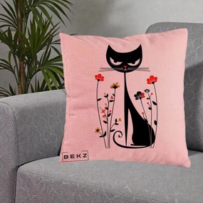 Perna Decorativa Pisica Neagra Grafica Flori Rosii, 40x40 cm, Roz, Husa Detasabila, Perna Inclusa, BEKZ®