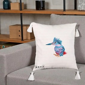 Perna Decorativa Pasare Martin Pescar Acuarela Albastru-Mov, 40x40 cm, Bej cu Franjuri, Husa Detasabila, Perna Inclusa, BEKZ®