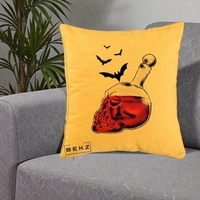 Perna Decorativa Halloween Craniu-Sticla cu Lilieci, 40x40 cm, Galben, Husa Detasabila, Perna Inclusa, BEKZ®