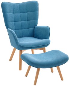 HOMCOM Fotoliu Accent cu Otoman, Fotoliu de Relaxare cu Aspect de Cord, Fotoliu cu Brate de Lemn, pentru Living, Albastru | Aosom Romania