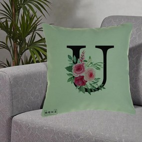 Cadou Personalizat - Perna Personalizata Monograma Florala Litera U, 40x40 cm, Verde, Husa Detasabila, Perna Inclusa, BEKZ®