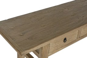 Consolă din lemn masiv de ulm, natur, blat lung, 4 sertare cu mânere metalice, picioare drepte cu traverse, finisaj natural, 85 x 200 x 42 cm,