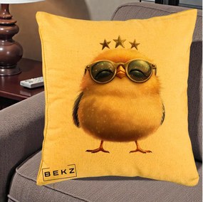 Perna Decorativa Pui Gold Star cu Ochelari Aurii, 40x40 cm, Galben, Husa Detasabila, Perna Inclusa, BEKZ®