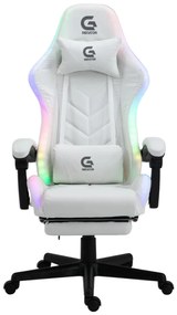 Scaun gaming, sistem iluminare bandă LED RGB, masaj în perna lombară, suport picioare, Alb