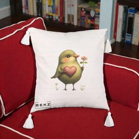 Perna Decorativa Pasare Verde cu Inima si Floare, 40x40 cm, Bej cu Franjuri, Husa Detasabila, Perna Inclusa, BEKZ®