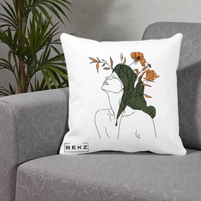 Perna Decorativa Portret Feminin Profil Flori Portocalii, 40x40 cm, Alba Mata, Husa Detasabila, Perna Inclusa, BEKZ®