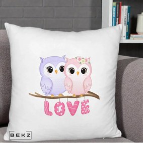 Perna Decorativa Love Bufnite Indragostite pe Crenguta Roz si Mov, 40x40 cm, Alb Pufos, Husa Detasabila, Perna Inclusa, BEKZ®